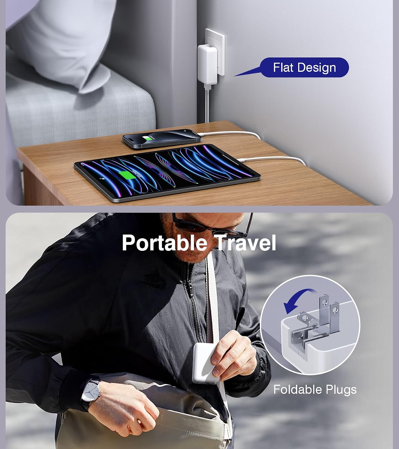 Image showing the flat design of the charger fitting behind a bedside table and its foldable prongs for travel.