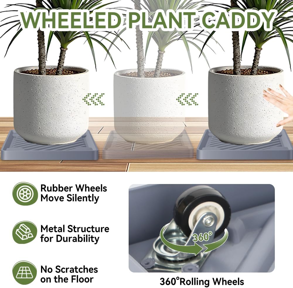 2 Pack-Square Plant Caddy with Hidden Wheels 12 Inch Heavy Duty Rolling Plant Stands Indoor Outdoor Plant Saucer Tray Dolly with $9.9 Garden Tools (Gray)