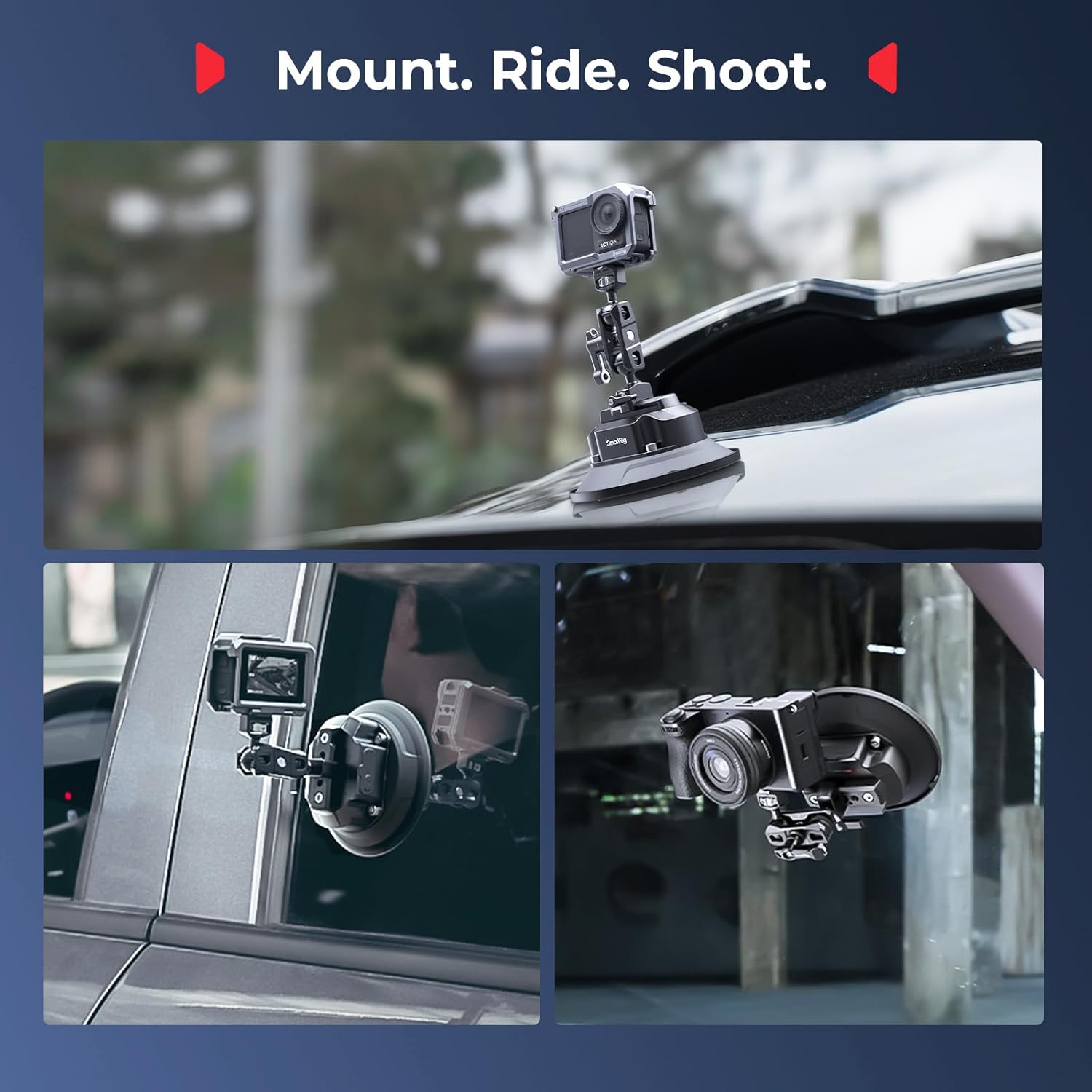 Examples of the electric camera suction cup mount in use on different vehicle surfaces