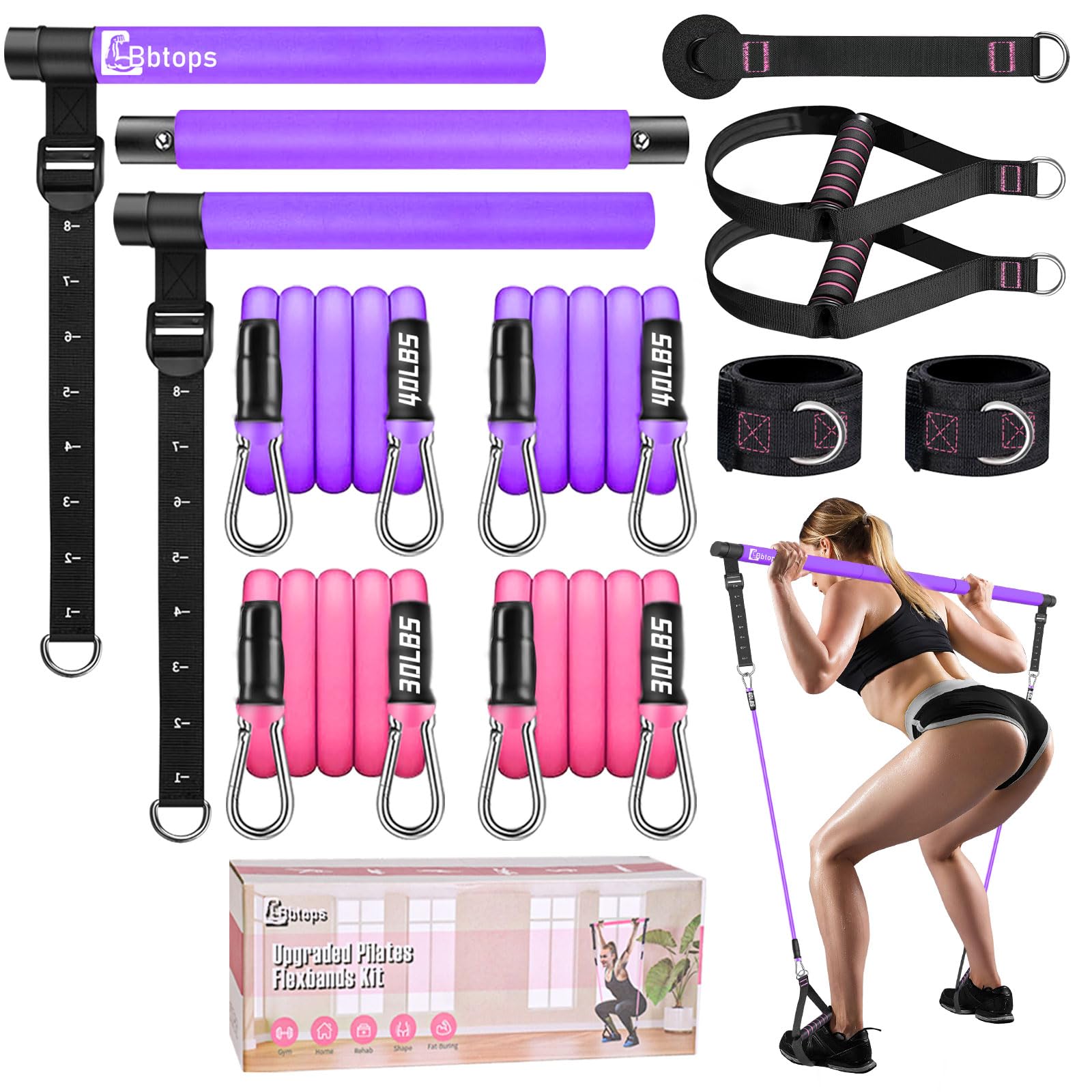 Bbtops Kit di barra di pilates con fasce di resistenza, barra di pilates con fasce impilabili, attrezzatura per allenamento per gambe, fianchi, vita e bracci, attrezzatura per il fitness per donne e