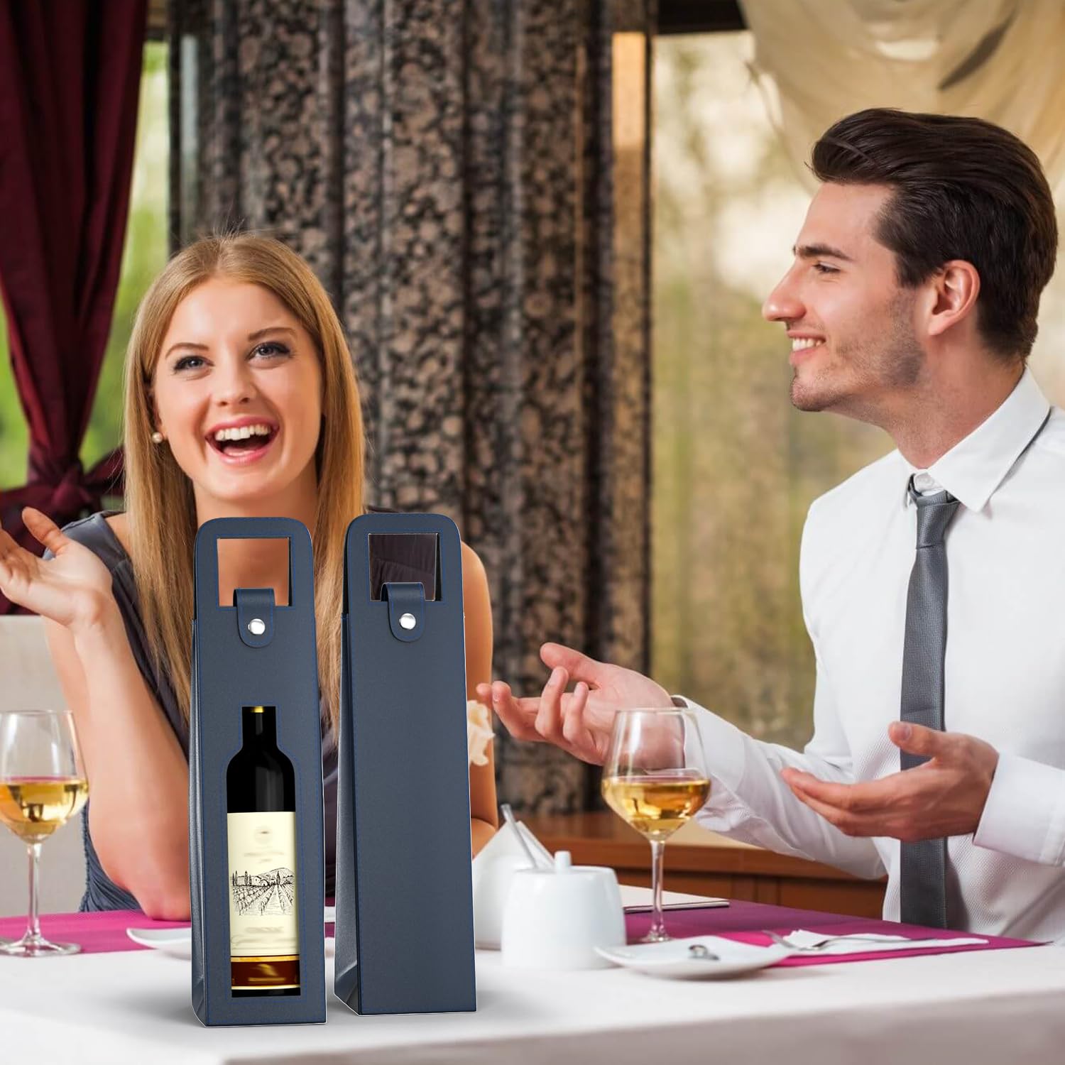 RYDDOY Sac cadeau pour vin, sac fourre-tout réutilisable en cuir pour bouteille de champagne et bière pour anniversaire, mariage, pique-nique, cadeaux de Noël (bleu)