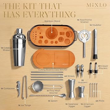 Mixology Bartender Kit - 22Pcs Bar Set Cocktail Shaker Set w Brown Bar Cart Accessories Stand - Shakers Bartending Silver Tools, 24oz Shaker, 17 Recipe Cards, Martini Barware