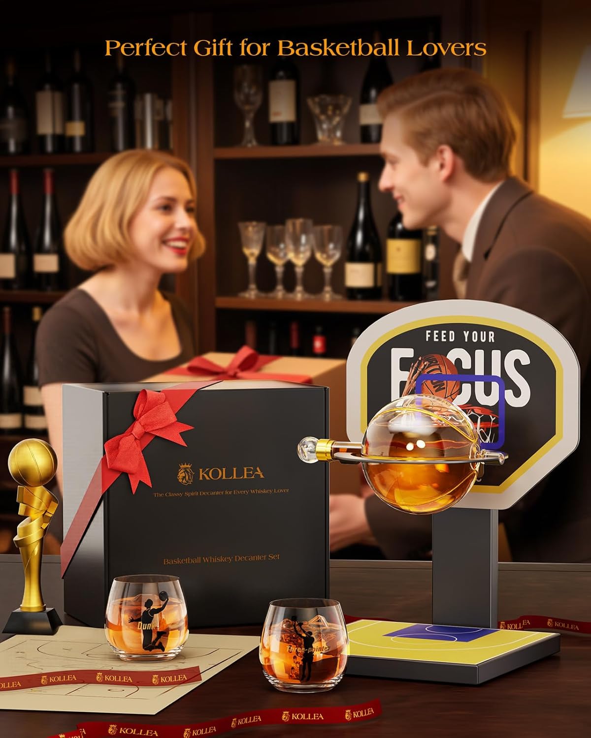 Kollea Basketball Whiskey Decanter Set with Yellow Court Stand & 2 Glasses, Unique Home Bar Decanter Gift for Men, Him, Brother, Son, Coach - Birthday, Christmas, Retirement, Team Celebration Gift
