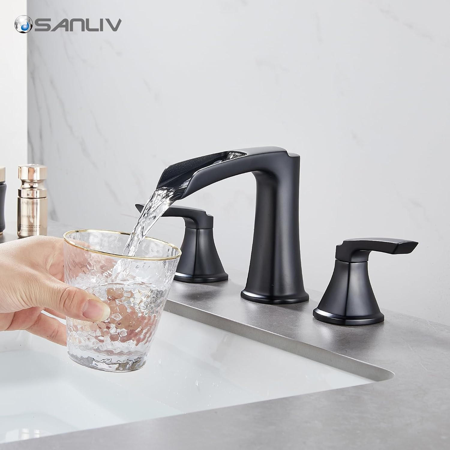 Matte Black Waterfall Bathroom Faucet, Sanliv 3-Piece Widespread Bathroom Sink Faucets, 2-Handle Vanity Faucet for 3-Hole Sinks 4-8 Inch with Pop-Up Drain, ‎Matte Black