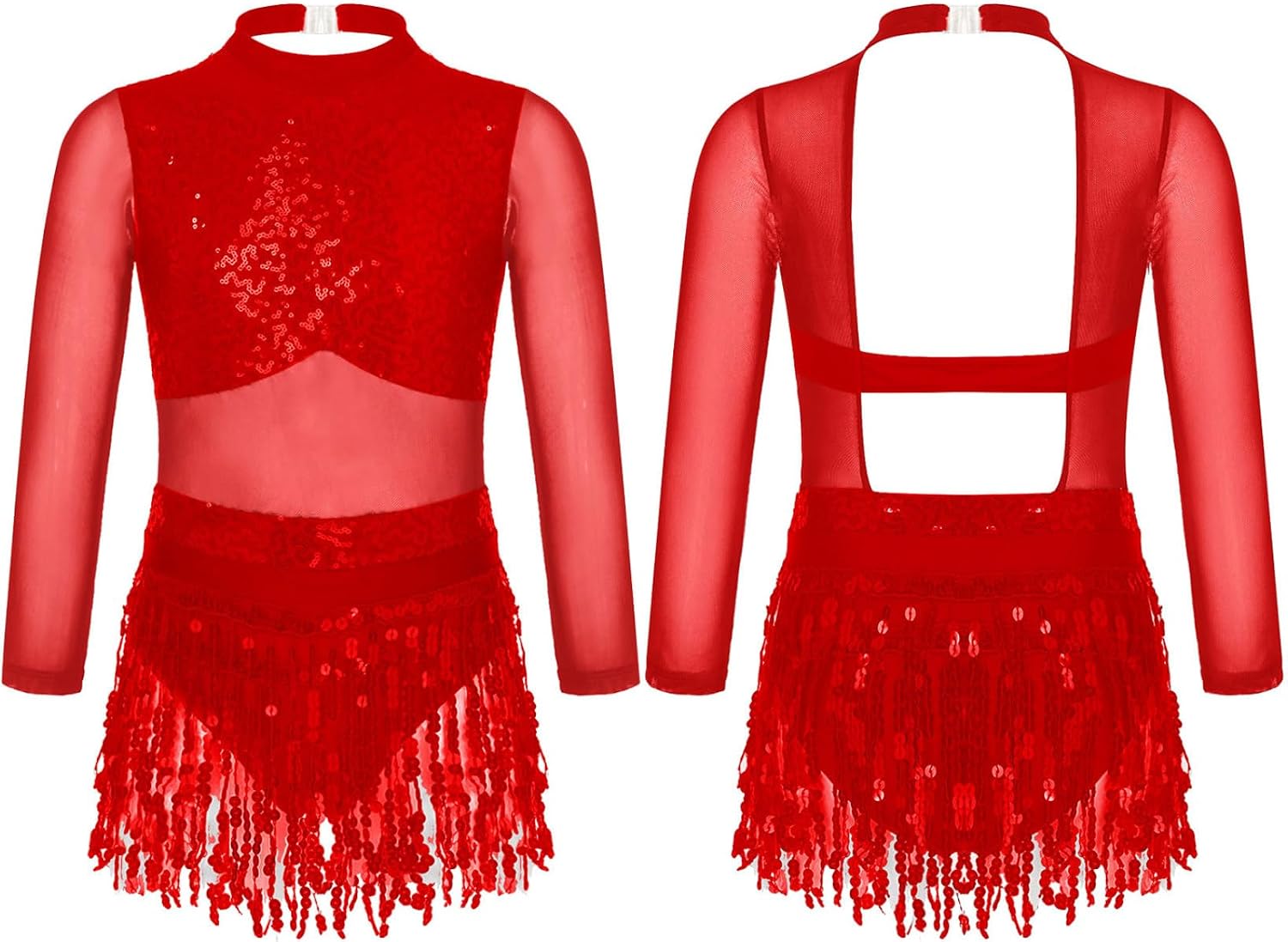JEYPINMI Kids Girls Sequins Tassel Latin Dance Dress Modern Jazz Ballroom Costume Tutu Skirt Leotard