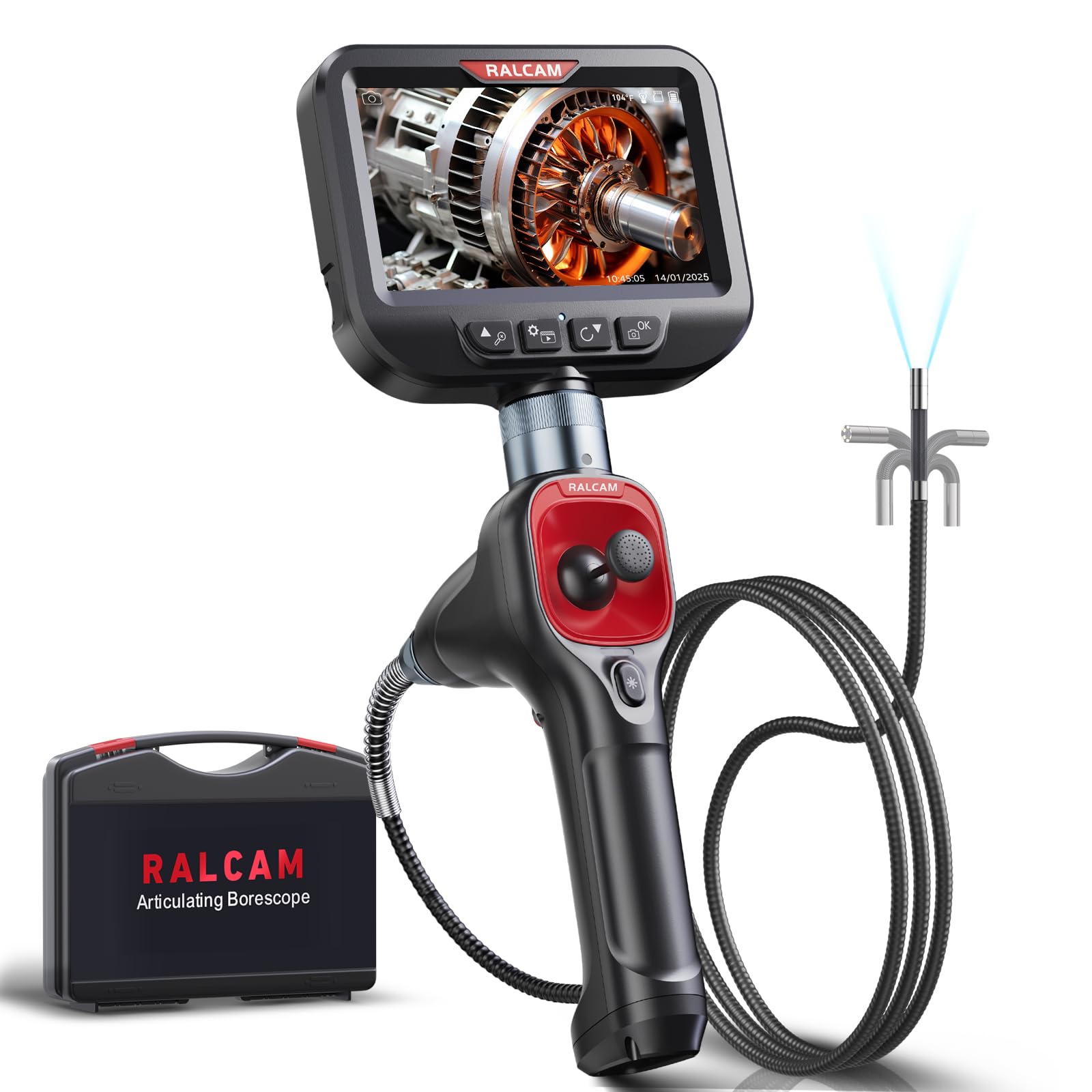 Ralcam 360° Joystick Articulating Borescope 6.2mm IP67 Waterproof Probe 4 Ways IPS Automotive Endoscope Inspection Camera with 6 Ajustable LED Lights 3.3 FT Snake Tube