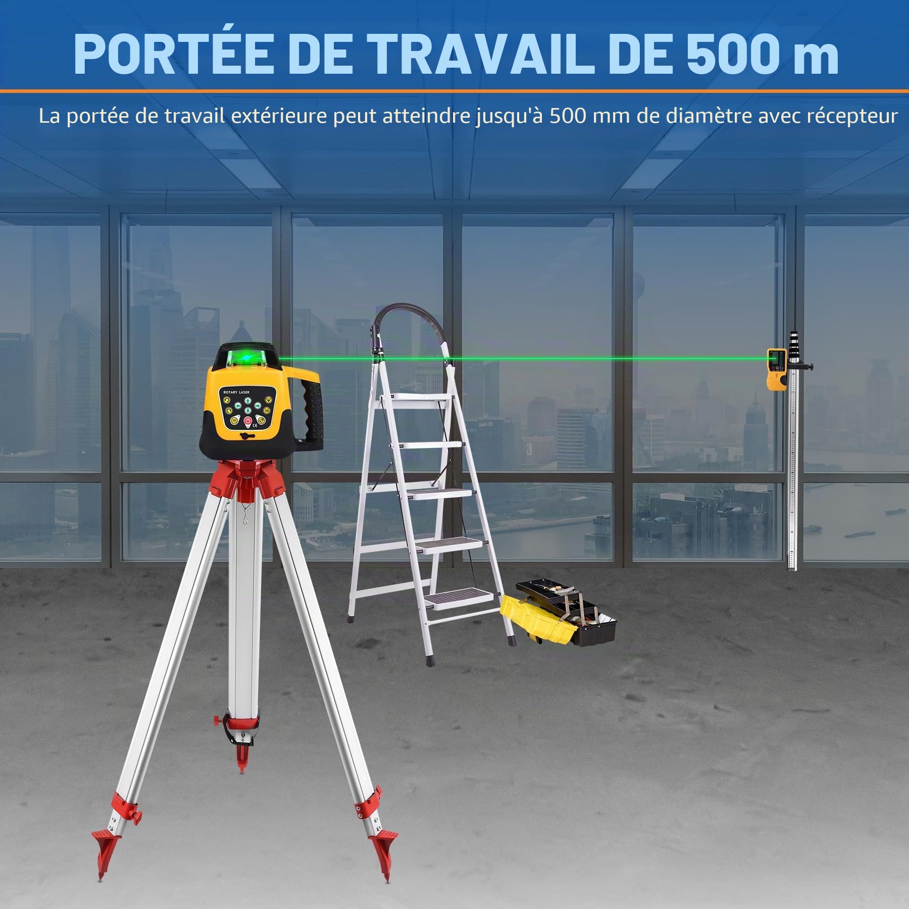 Laser Rotatif Niveau Laser Vert Autonivelant Balayage avec Trépied en aluminium, mire télescopique 5m, Rotative 360° Verticale Horizontale Auto-Alignement Travail 500 m pour Construction