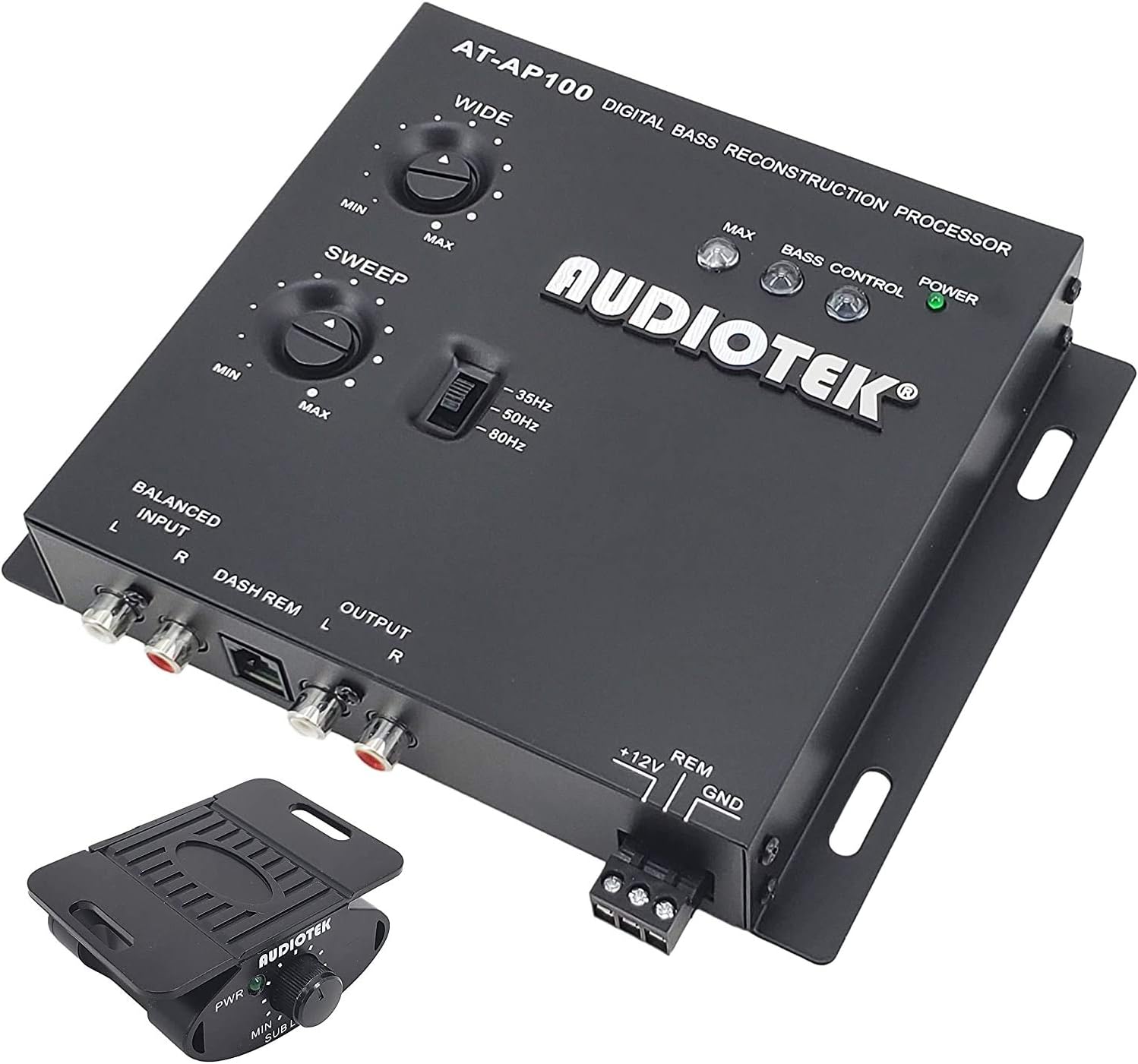 Audiotek AT-AP100 1/2 Din Car Audio Digital Bass Processor & Sound Restoration, Crossover for Car Subwoofer Tuners w/Bass Knob Input 15V RMS and Maximum Output 13.5V Peak