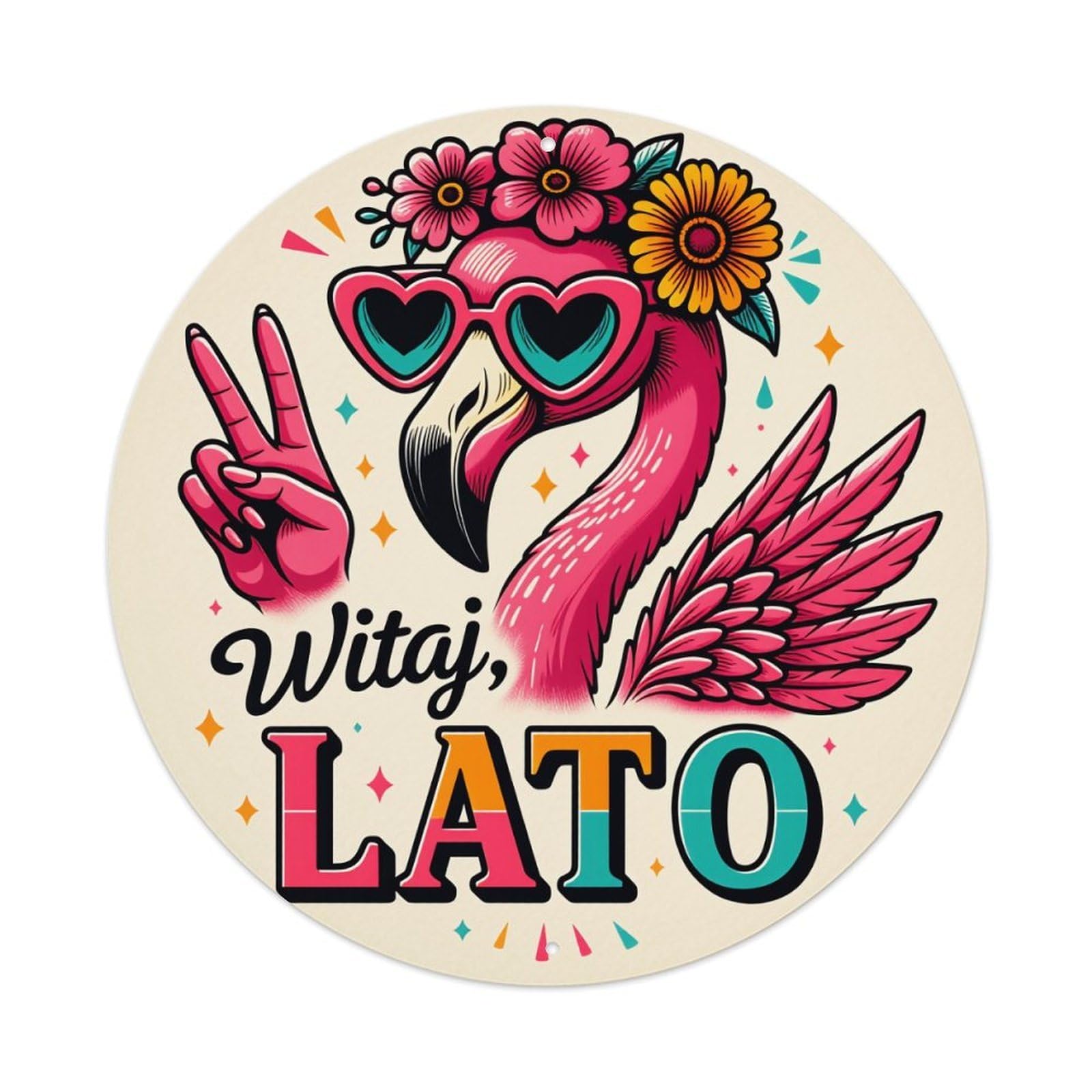 Flamingo Flowers Sunglasses Peace Sign Round Tin Sign Vintage Style Metal Sign Home Bar Garden Wall Plaque Decor Metal Poster 8x8 Inch