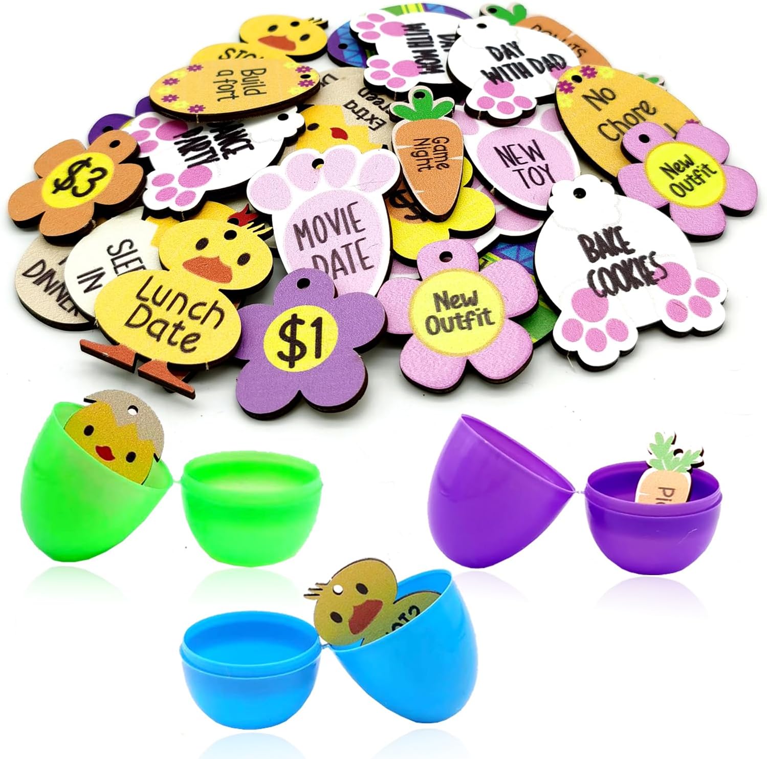 30Pcs Easter Reward Tokens Easter Egg Tokens Easter Egg Fillers Wood Easter Reward Tokens with 30 Different Engraved Sayings 8 Different Colorful Designs for Easter Party Favors