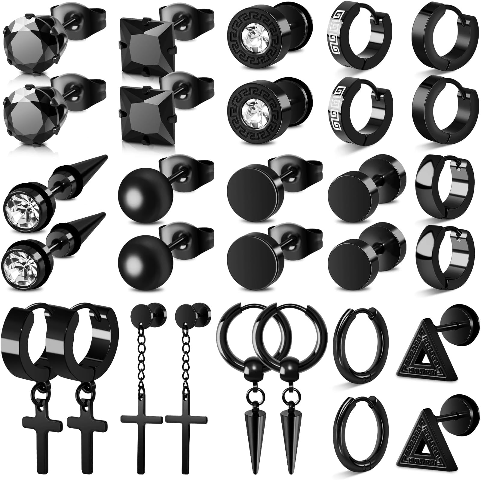 Black Earrings for Men, 15 Pairs Stainless Steel Men Earrings Set Hypoallergenic Cross Dangle Hoop Stud Earrings Piercing Jewelry