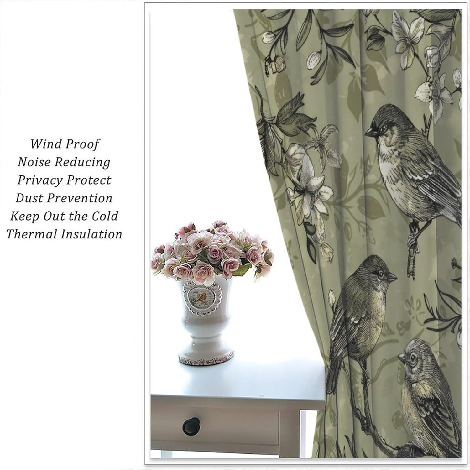 Floral Bird Vintage Curtains,Retro Rustic Floral Plant Hummingbird Jungle Forest Scenery Print Rod Pocket Window Treatments Drapes for Bedroom Living Room 42" W X 63" L