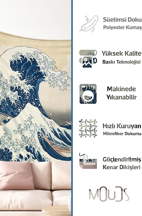 Kanagawa Dalgası Desenli Duvar Örtüsü Duvar Halısı Tapestry Süetimsi Dokulu%100 Polyester Kumaş