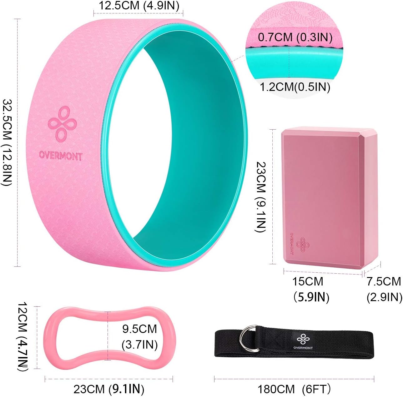 Overmont 5-in-1 Set, 1 Yoga Wheel for Back Pain- 13x 5in, 2 EVA Foam Yoga Blocks with Strap, 1 Extend Ring Premium Back Roller for Yoga Pose Backbend Stretching Pilates Meditation : Sports & Outdoors