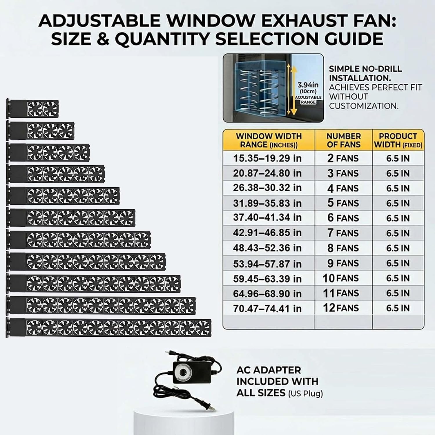 Window Exhaust Fan for Sliding Windows, Black 10cm Spring Vertical Vent Fan, No Drill Outward Flow Cooling Fan for Garage, Indoor Greenhouses & Smoking Rooms Stepless Speed(26.38-30.32 in)
