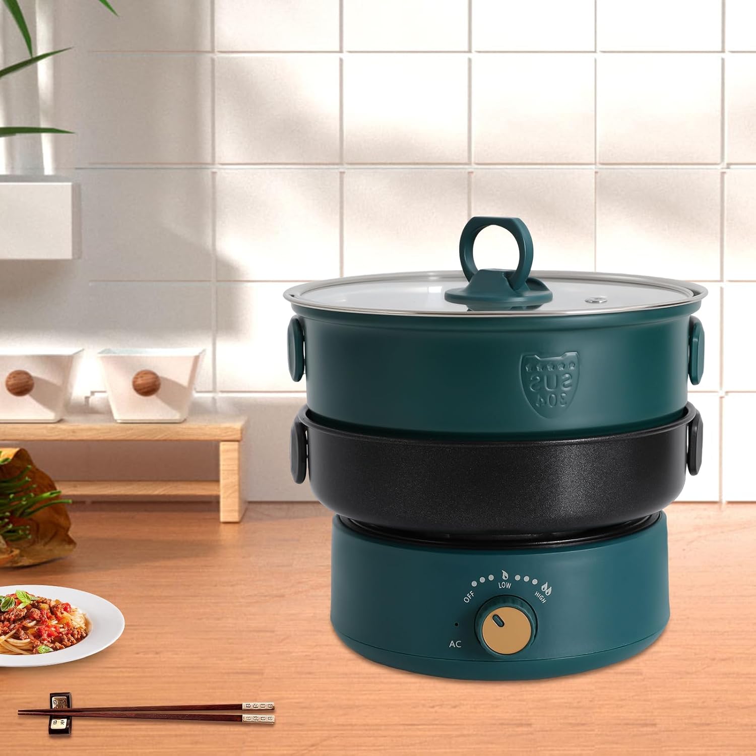 Portable Electric Hot Pot With Foldable Handles 500W Split Design Non Stick Frying Pan And Soup Pot For Noodles Steak Cooking Adjustable Temperature 110V US Plug Green