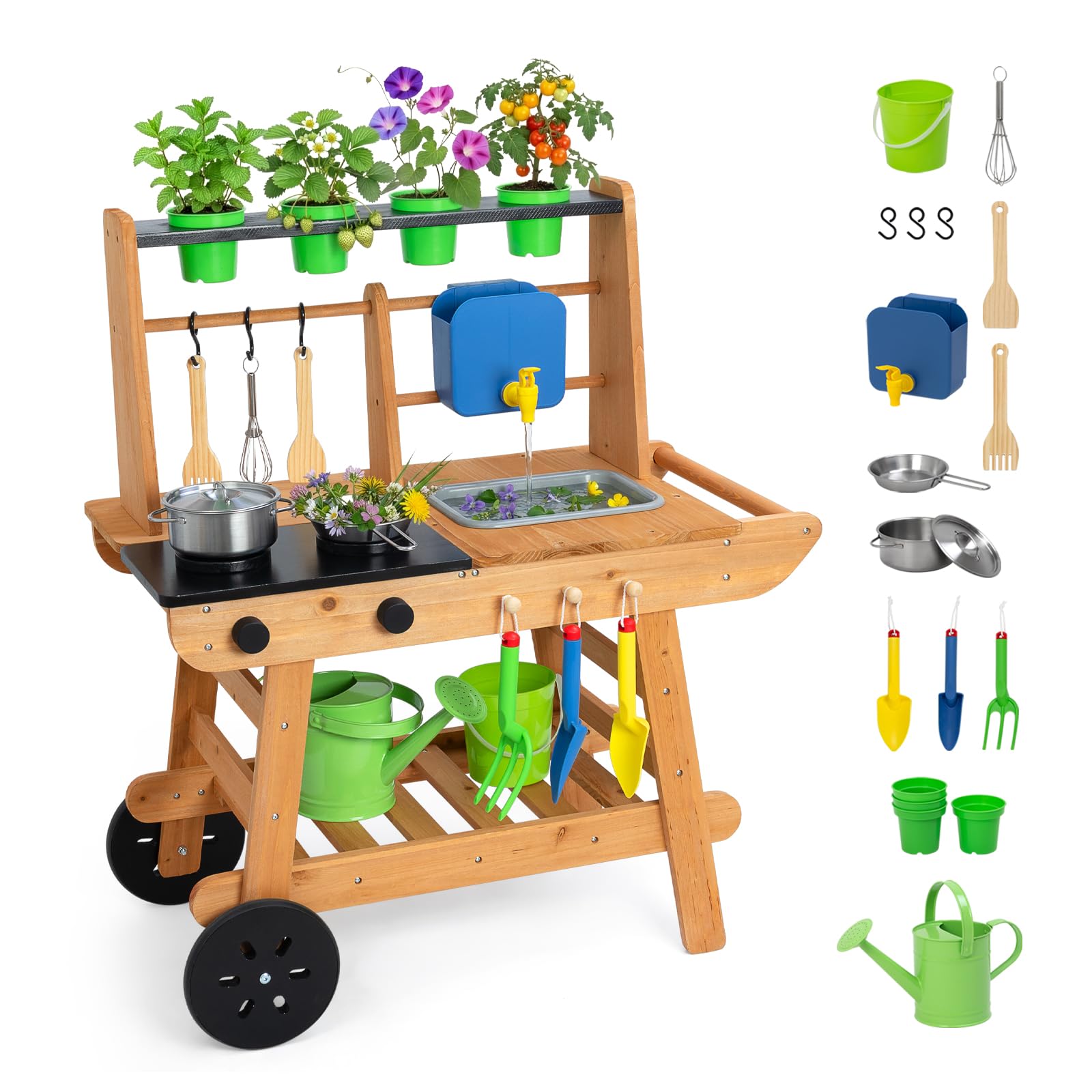 OOOK Matschküche Kinder Outdoor mit Rädern, Outdoorküche Kinder aus Holz | Multifunktionales Gartenspielküche Outdoor aus Tannenholz, für Jungen und Mädchen ab 3 Jahren, Vollständiges Zubehör Set
