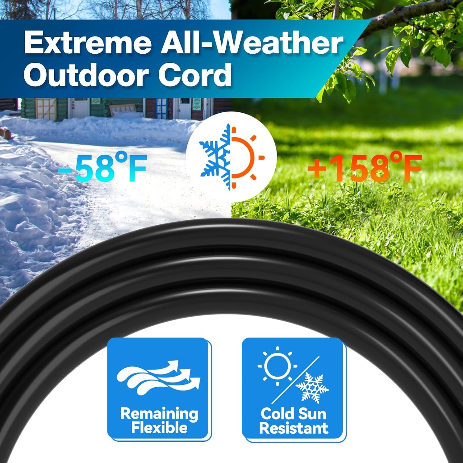 BBOUNDER 100 FT Outdoor Extension Cord Waterproof, Black 16/3 SJTW Heavy Duty 10A 1250W, Flexible 100% Copper 3 Prong Cords for Lawn, Garage