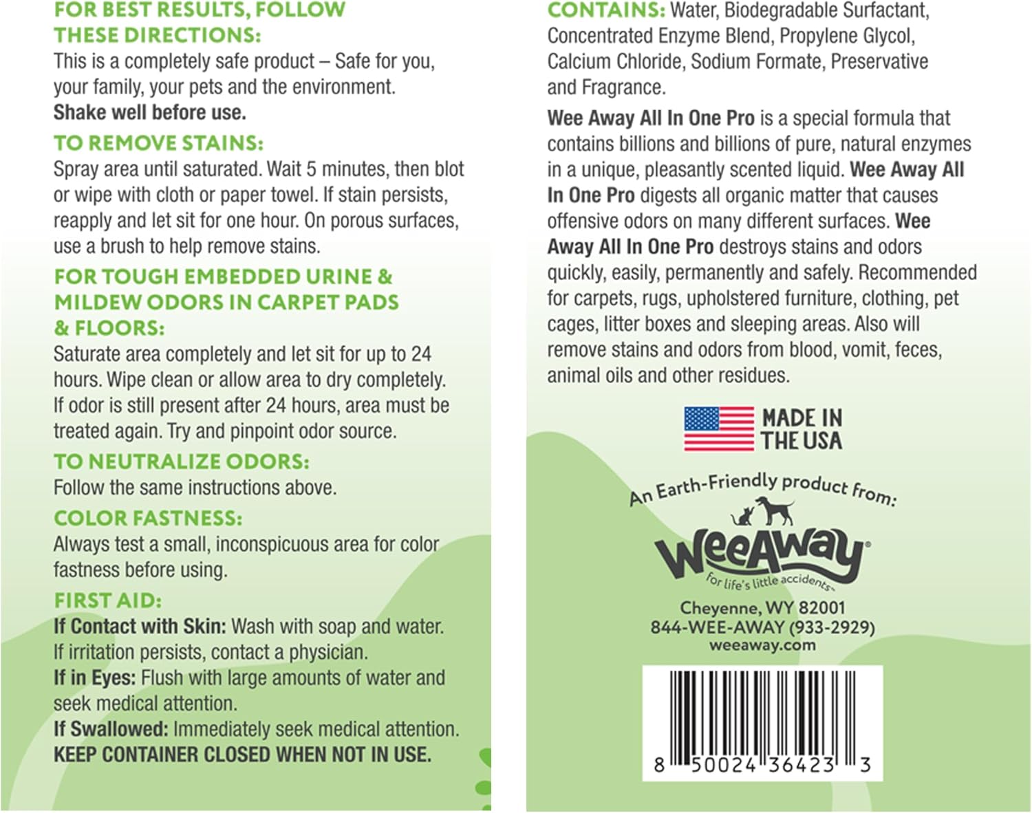 Wee Away All in One Pro Stain & Odor Remover, Enzyme Cleaner, Pet Urine Odor Eliminator for Home - Pet Mess Destroyer for Carpet & Furniture, Green Tea Scent, 32 fl oz