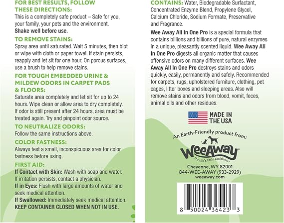Wee Away All in One Pro Stain & Odor Remover, Enzyme Cleaner, Pet Urine Odor Eliminator for Home - Pet Mess Destroyer for Carpet & Furniture, Green Tea Scent, 32 fl oz