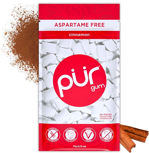 PUR Gum | Sugar Free Chewing Gum | Made with Xylitol | Vegan, Aspartame Free, Gluten Free & Keto Friendly | Natural Cinnamon Flavoured Gum, 55 Pieces (Pack of 1)