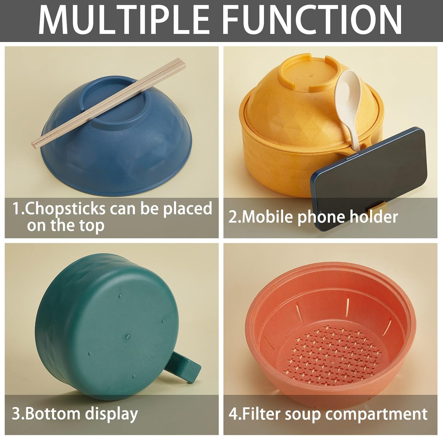 8 Sets Microwave Ramen Bowl Set 33 oz Wheat Straw Instant Ramen Cooker Set Portable Noodle Cooker with Handle Noodle Bowl with Spoon Chopsticks Fork College Dorm Room (Multicolor)