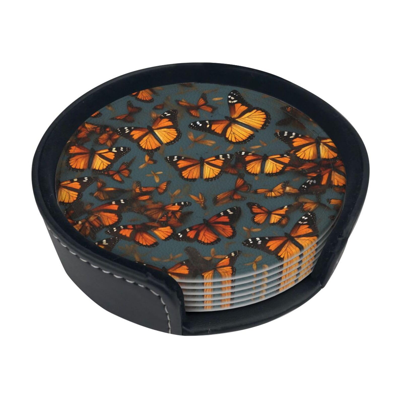 Heaps Of Orange Monarch Butterflies Print Round Coasters Set Of 6,Coaster For Tabletop Protection Home Bar Decor