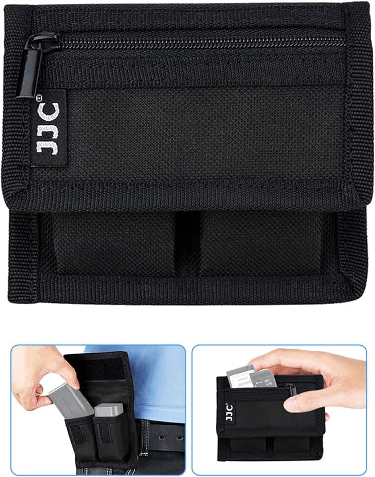 Bolsa para bateria DSLR e suporte de cartão de memória (3 bolsos) – Estojo de armazenamento de cartão SD CF XQD para baterias AA, LP-E6, LP-E10, LP-E12, LP-E17, EN-EL14, EN-EL15, NP-FW50, NP-F550