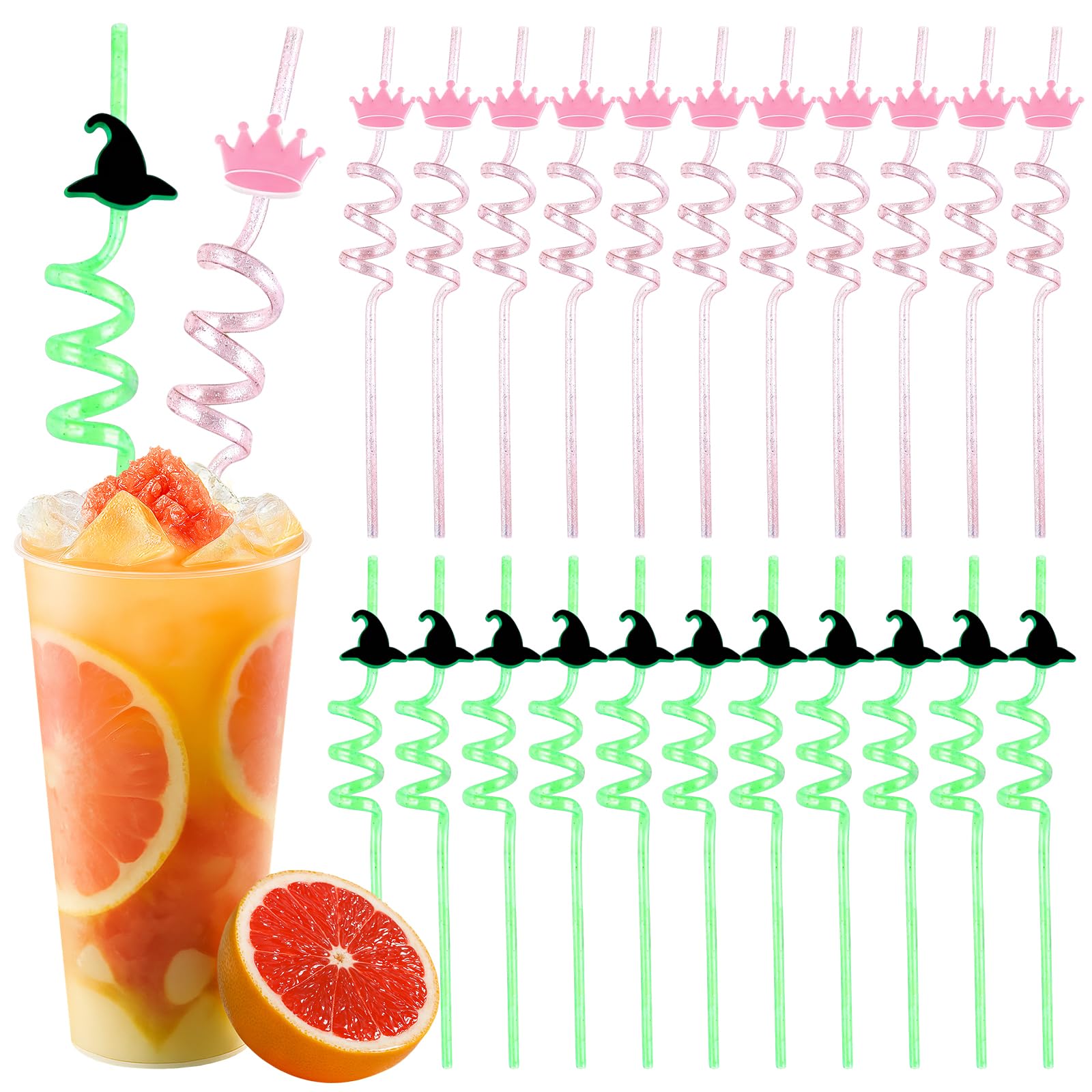 24PCS Witch and Crown Reusable Plastic Drinking Straws for Wizard Party Favors Pink and Green Witch Themed Birthday Party Halloween Decorations and Supplies Fun Curly Hard Plastic Straws