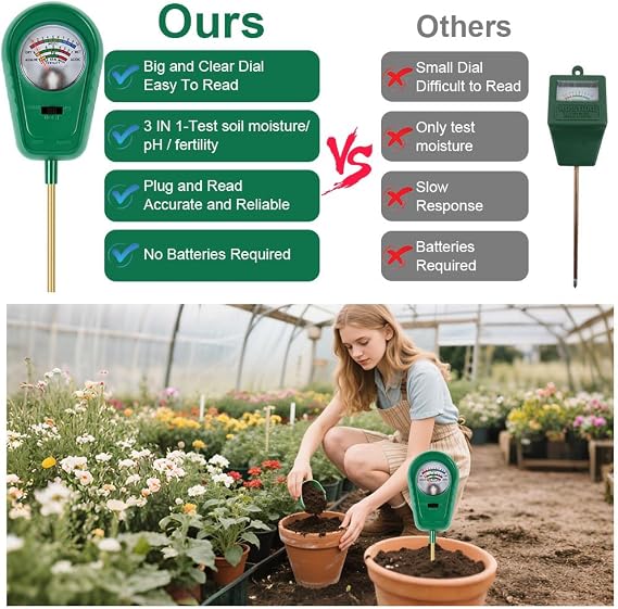 Soil Moisture Meter, 3-in-1 Soil Moisture/Fertility/pH Tester