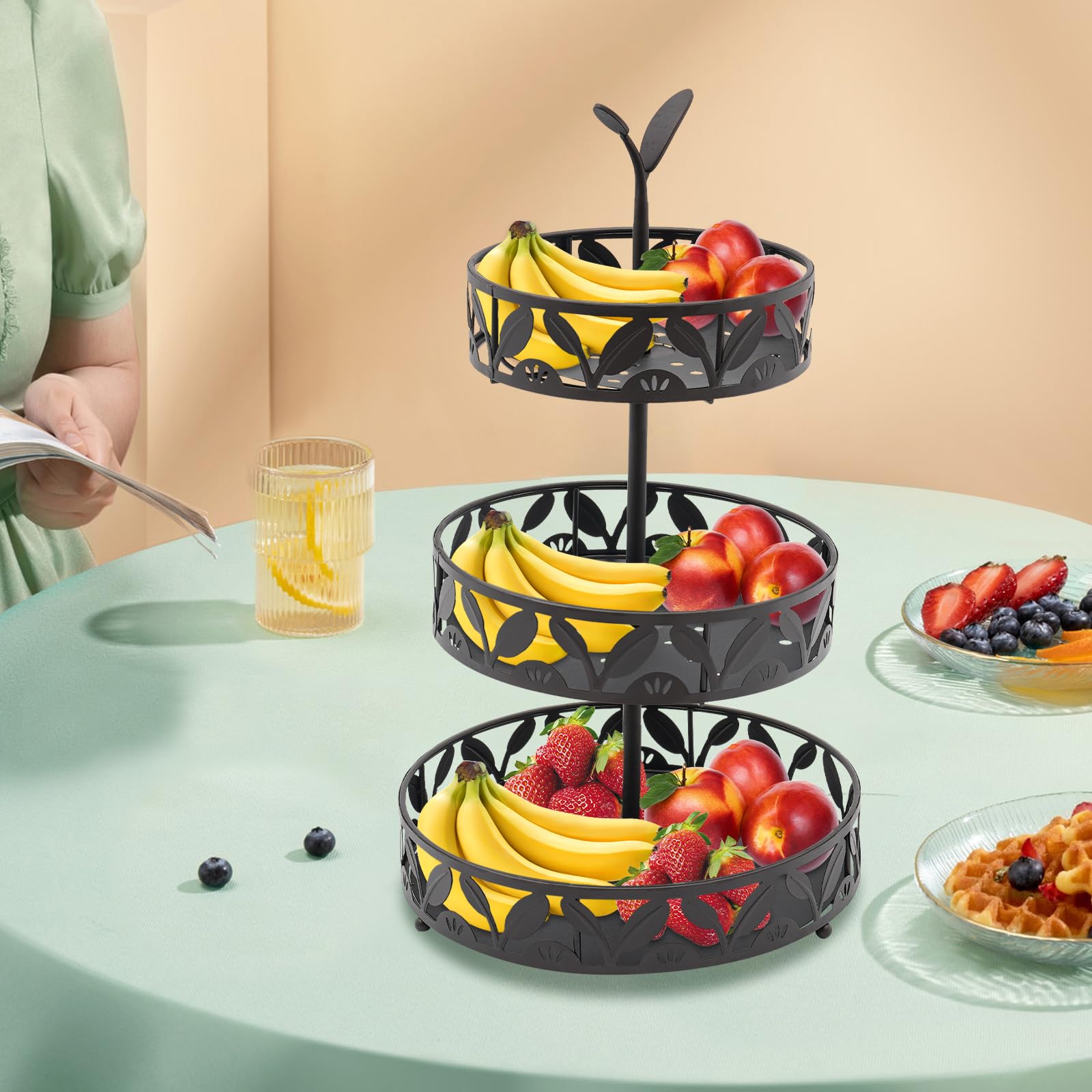 SailorMoon Frutero de 3 niveles, 3 niveles, capacidad de carga de 15 kg, frutero de hierro, práctica cesta de frutas, cesta de verduras para fiestas, bodas y uso en la cocina, color negro