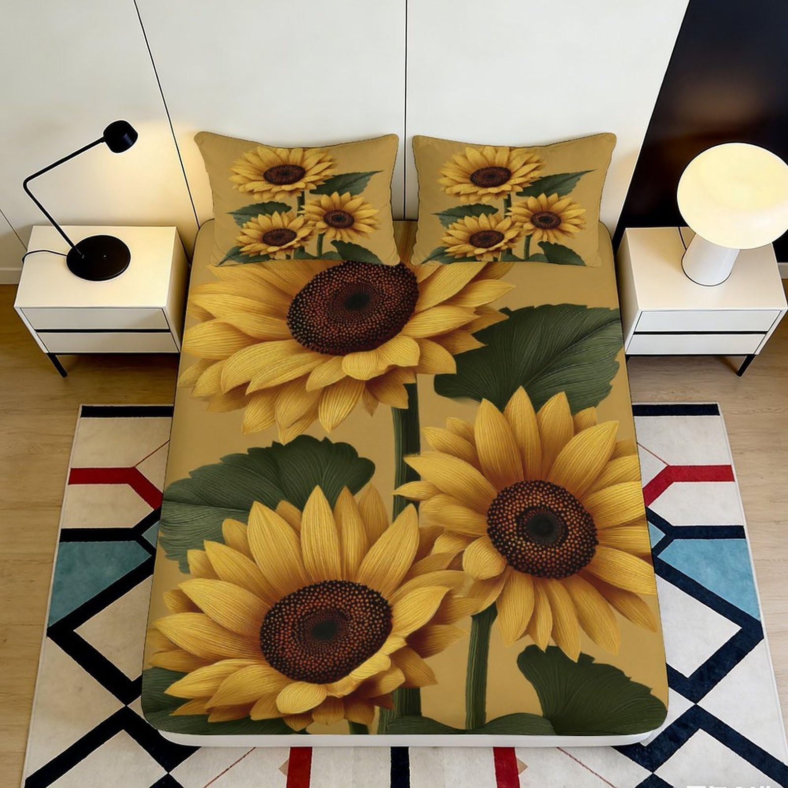3D Printed Sunflower Fitted Sheet Microfiber Soft Breathable Floral Bed Cover for Bedroom Dormitory Guest Room Mattress Protection Decor 200x200x25cm