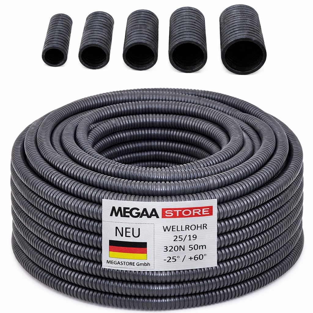 Megaa store Flexibles Leerrohr Wellrohr mit/ohne Zugdraht 320N M16 M20 M25 M32 M40 Kabelschutz UV-Beständigkeit für den Innen- und Außeneinsatz (Ø 11 mm innen/Ø 16 mm außen / 25m)