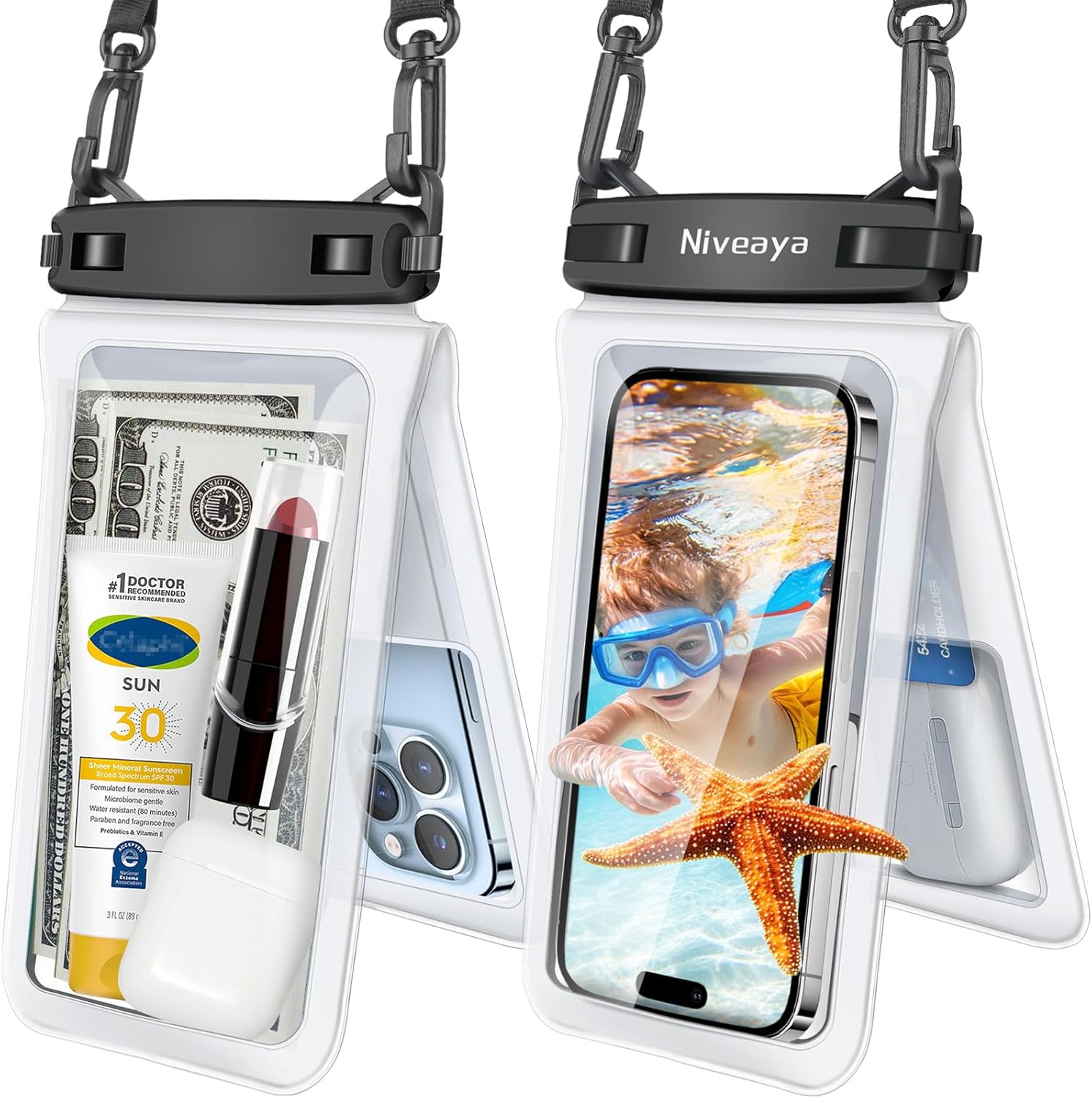 Niveaya Double Space Waterproof Phone Pouch - 2 Pack, Waterproof Phone Lanyard Case with iPhone 17/16/15/14/13 Pro Max up to 8.3", Phone Dry Bags for Vacation Beach Pool Kayak Cruise Travel Essentials