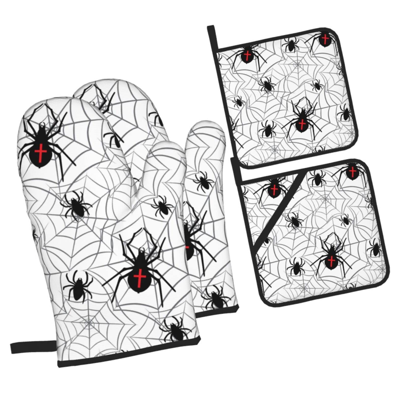 Vector Seamless Pattern of Spiders Oven Mitts and Pot Holders Sets, Christmas Oven Mitt Kitchen Heat Resistant Non-Slip Pot Holders Set for Cooking Baking BBQ