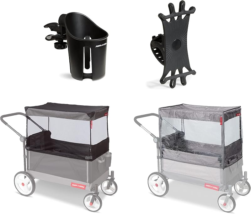 Paquete de accesorios para cochecito Radio Flyer, funda para lluvia | Kit de elementos esenciales de verano con mosquitera, soporte para teléfono y portavasos, para vagones de cochecitos Radio Flyer