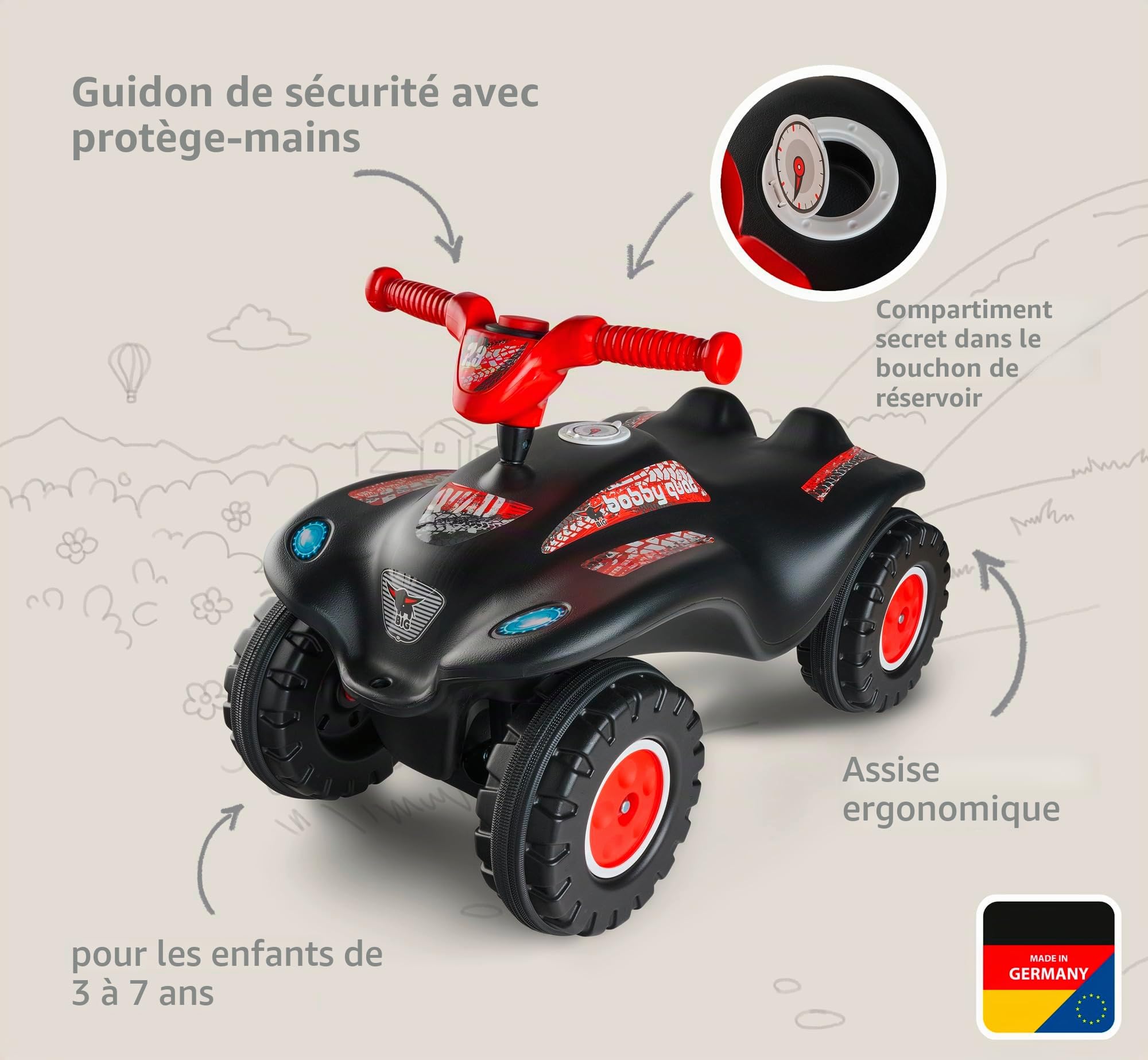 Big Bobby Car Classic Little Rocker - Porteur à partir de 1 an - Design Rock n' Roll foncé - avec Volant de sécurité Rouge et klaxon - pour Enfants à partir