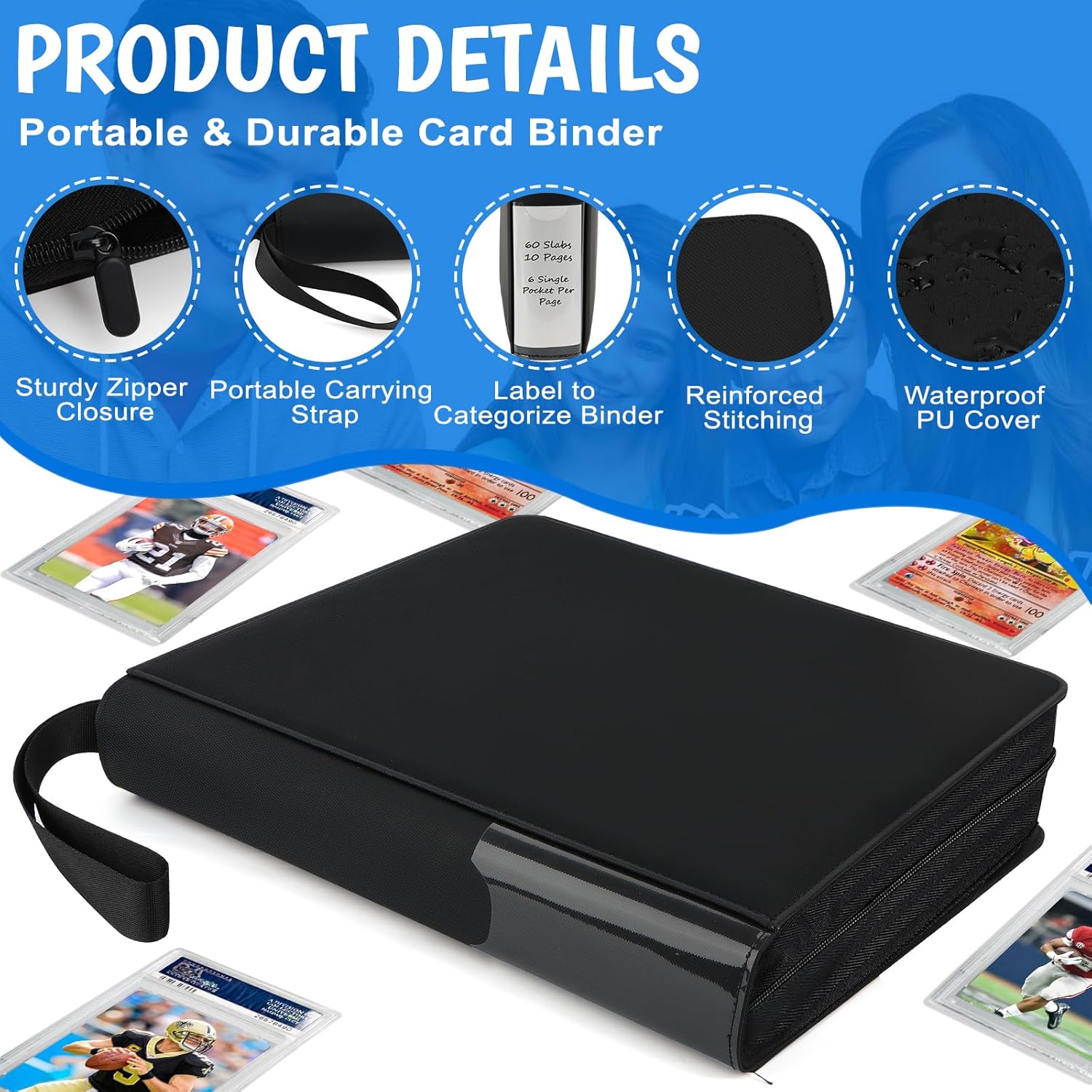 Graded Card Binder, 6 Pocket Slab Binder, Holds 60 Graded Slabs, Ringless PSA Cards Binders with Hand Strap and Side Label Pocket, PSA Slab Case, Premium Graded Card Holder for PSA, CGC Slabs