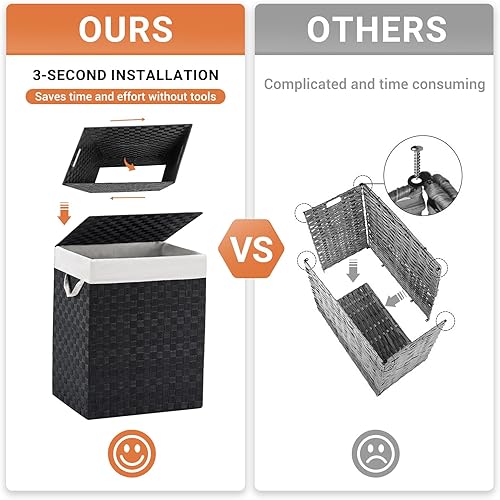 Miniatura 4 de YOUDENOVA Cesta de lavandería tejida a mano con bolsa extraíble y tapa, cesta de ropa plegable con asa, color negro