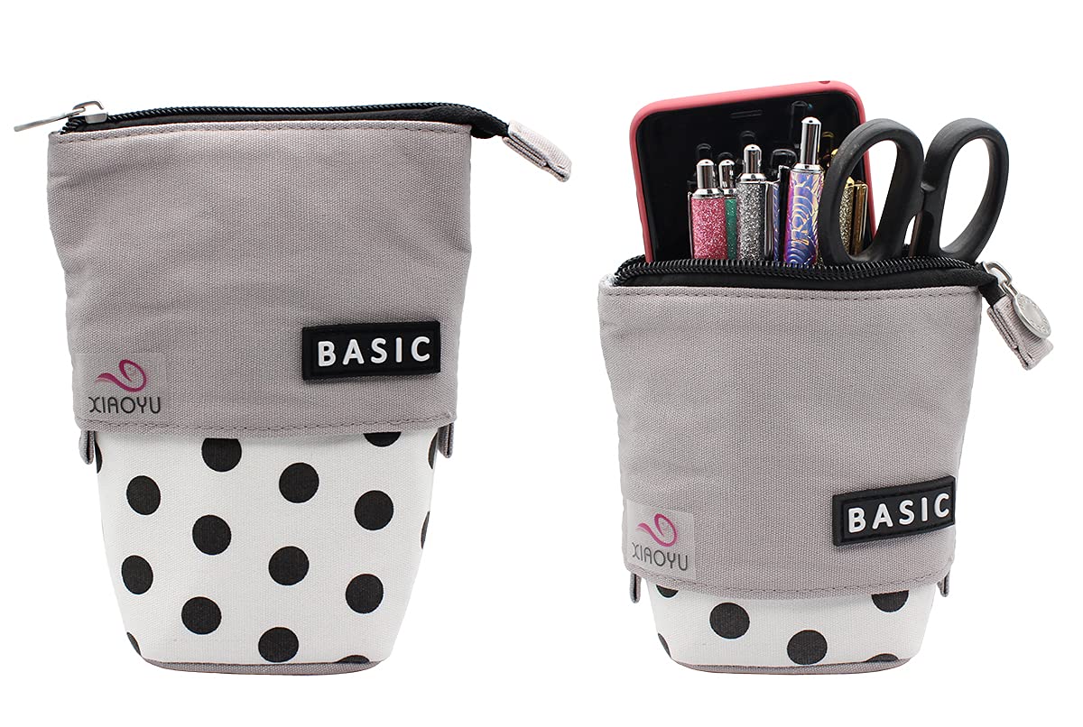 XIAOYU Telescopic Pencil Case Stand Up Pencil Bag Polka Dots Pencil Holder Canvas Stationery Pouch Makeup Bags, Gray