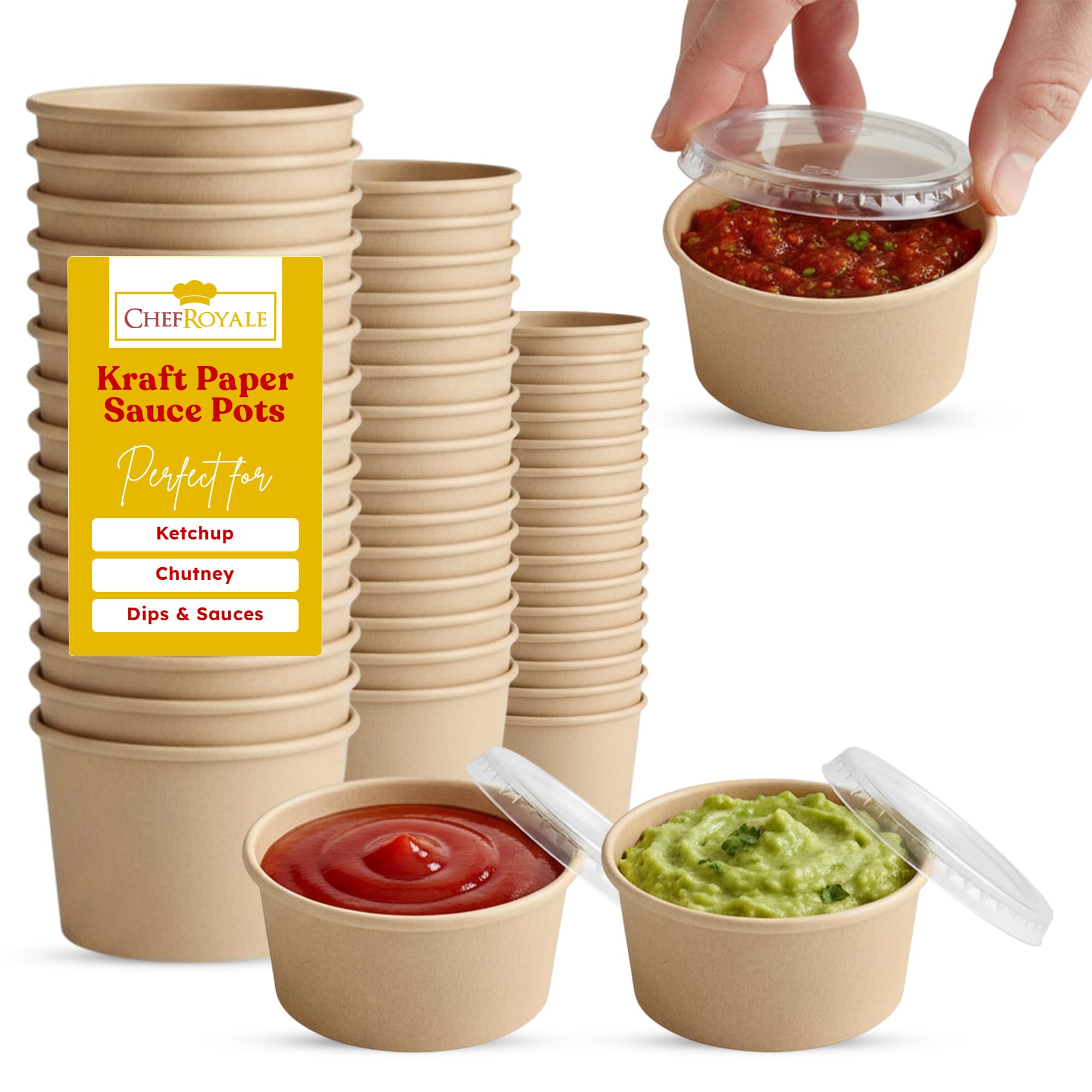 Chef Royale Kraft 50X 4Oz Sauce Pots With Lids - Small Pots Round Containers With Airtight Lids Ideal For Ketchup, Chutney, Dips And Sauces (120Ml) (50, 4Oz)