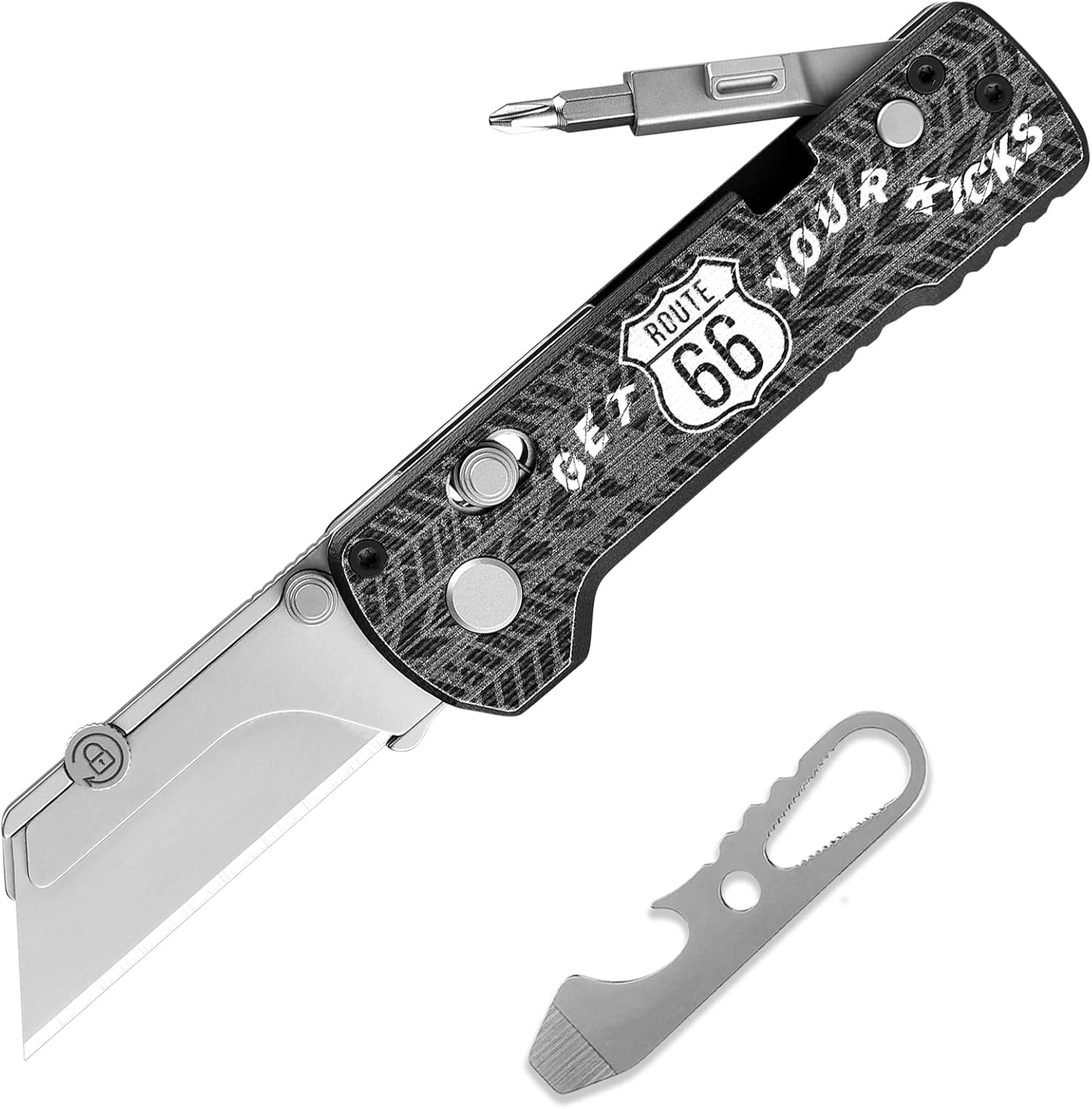 OKNIFE U1 Pro Multitool Folding Utility Knife with Folding Screwdriver, Quick Change Blade, Rail Lock & Pocket Clip for Men Women (Route 66 (Black))