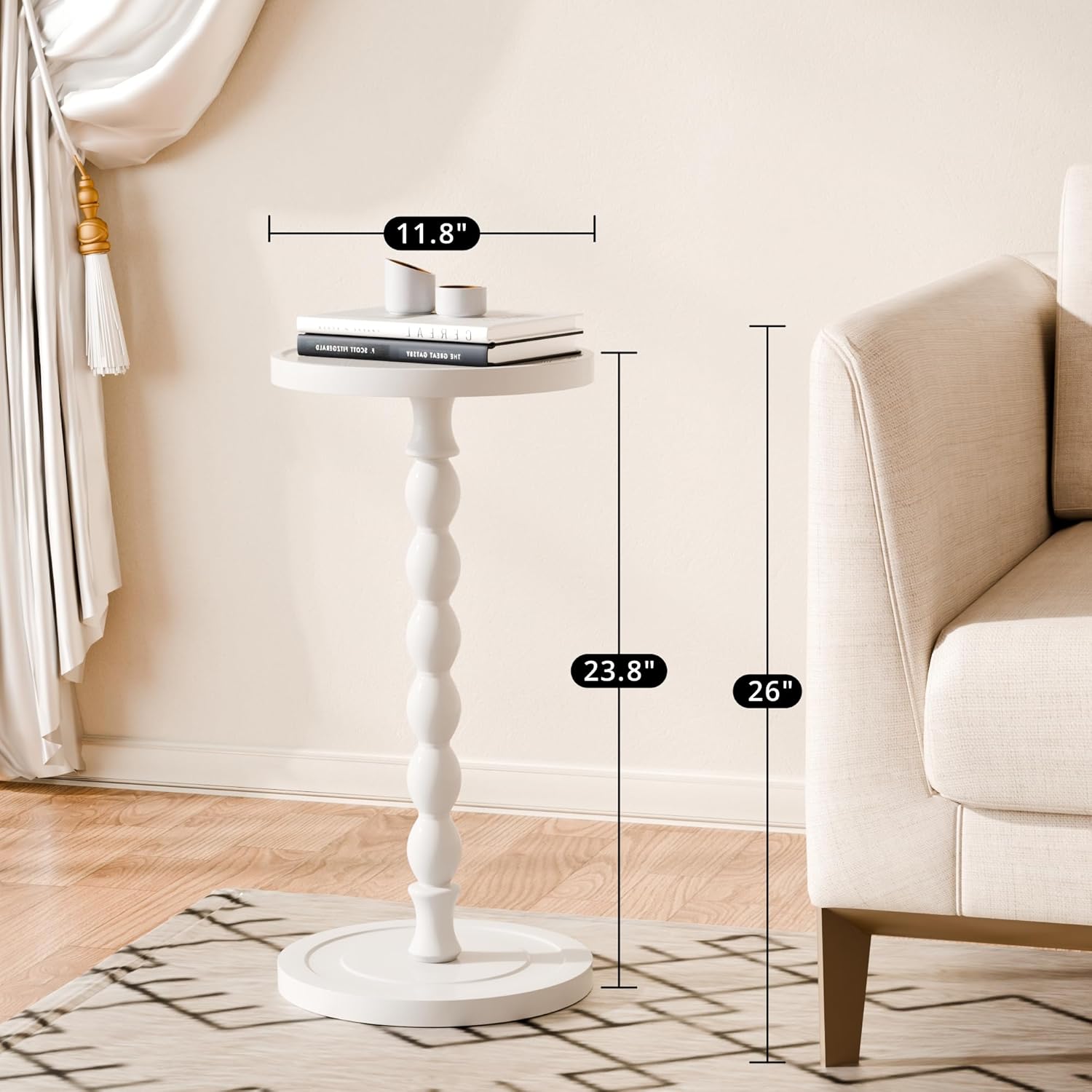 Small Side Table, Rubberwood‌ Drink Table for Small Spaces, Solid Wood Pedestal Coffee Tables, Round End Tables for Living Room, Sofa Couch, Bedroom, Corners, and Office (White, 11.81 inch)