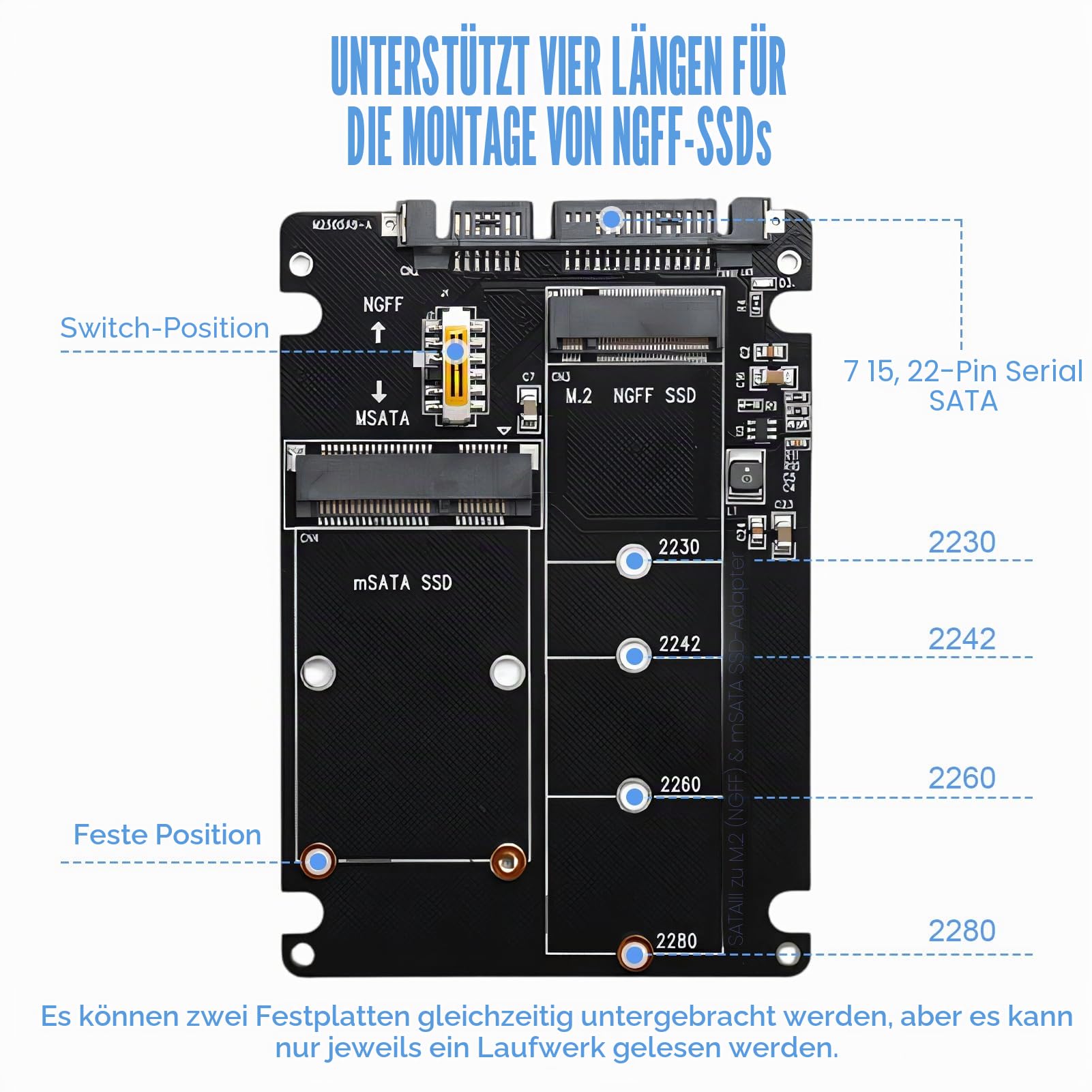 NGFF SSD to SATA3 Adapter und Gehäuse für SSD, 2,5 Zoll HDD Laufwerkgehäuse Adapter für SSDD, SATAM.2 + MSATA auf SATA3, M.2 SATA auf SATA, Adapters für Festplatte PCB MSATA für Computer