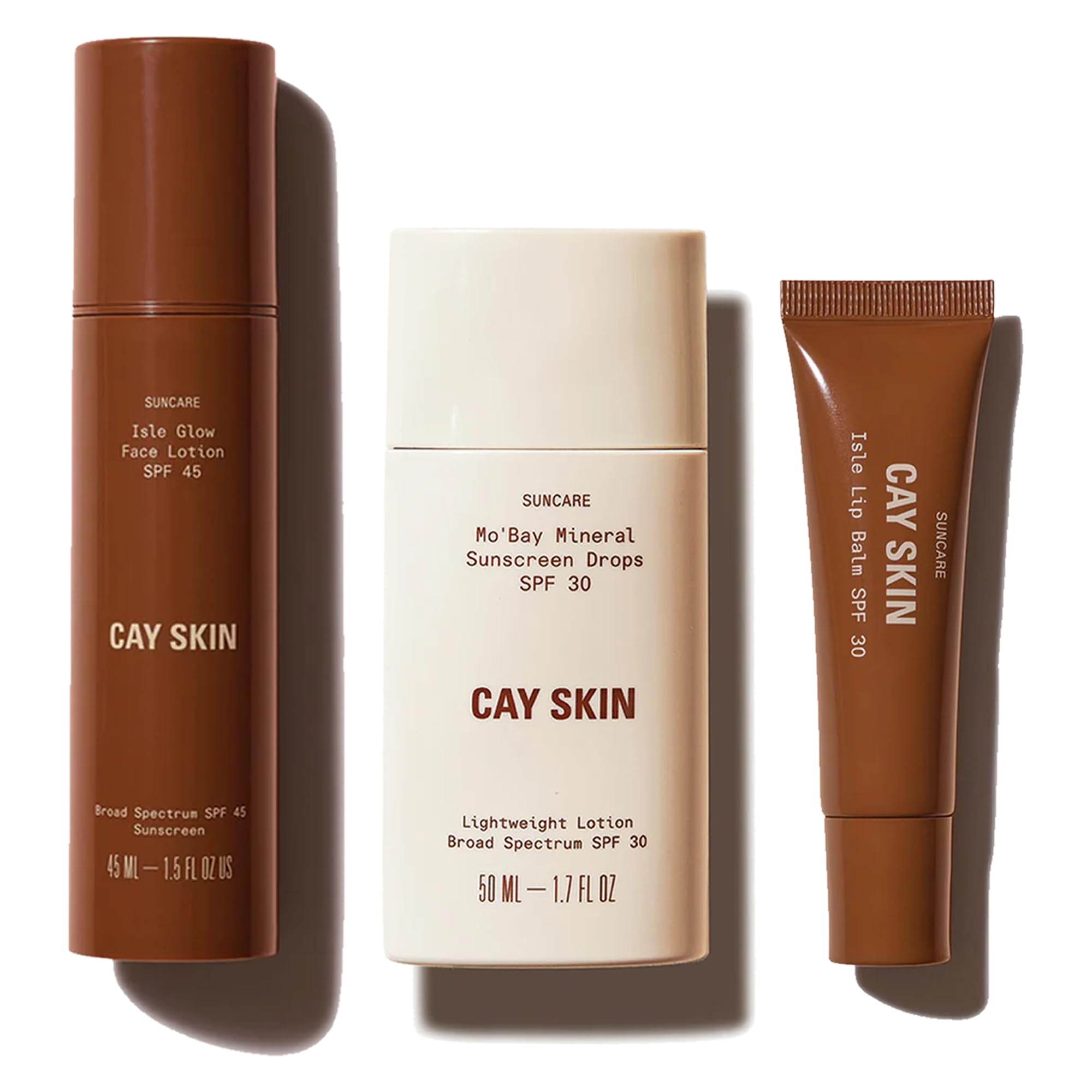 Cay Skin Moisturizing Sunscreen, Makeup Primer & Lip Gloss Set – Isle Glow Face Moisturizer SPF 45 1.5 oz, Mo’Bay Mineral Sunscreen Drops SPF 30 1.7 oz & Isle Lip Balm in Clear .35 oz