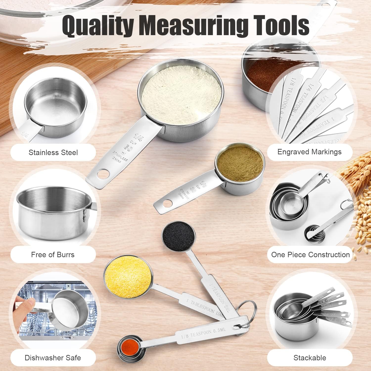 Stainl Steel Measuring Cups Spoons Set, 5 Nesting Cups and 5 Staable