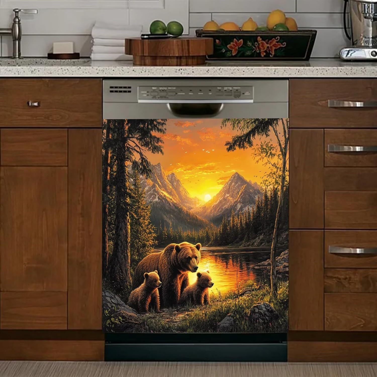 Lakeside Brown Bear Family Dishwasher Metal Magnet Cover Sheet, Forest Sunset Reflection Magnetic Sticker for Dishwasher Front Door, Refrigerator Decoration Vinyl Decal 23" x 26" Magnetic