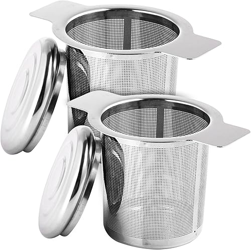 Tea Infuser 2Pcs 304 Stainless Steel Dual Handle Fine Mesh Tea Steeper with Lid Tea Washable Mug Cup Strainers for Loose Tea