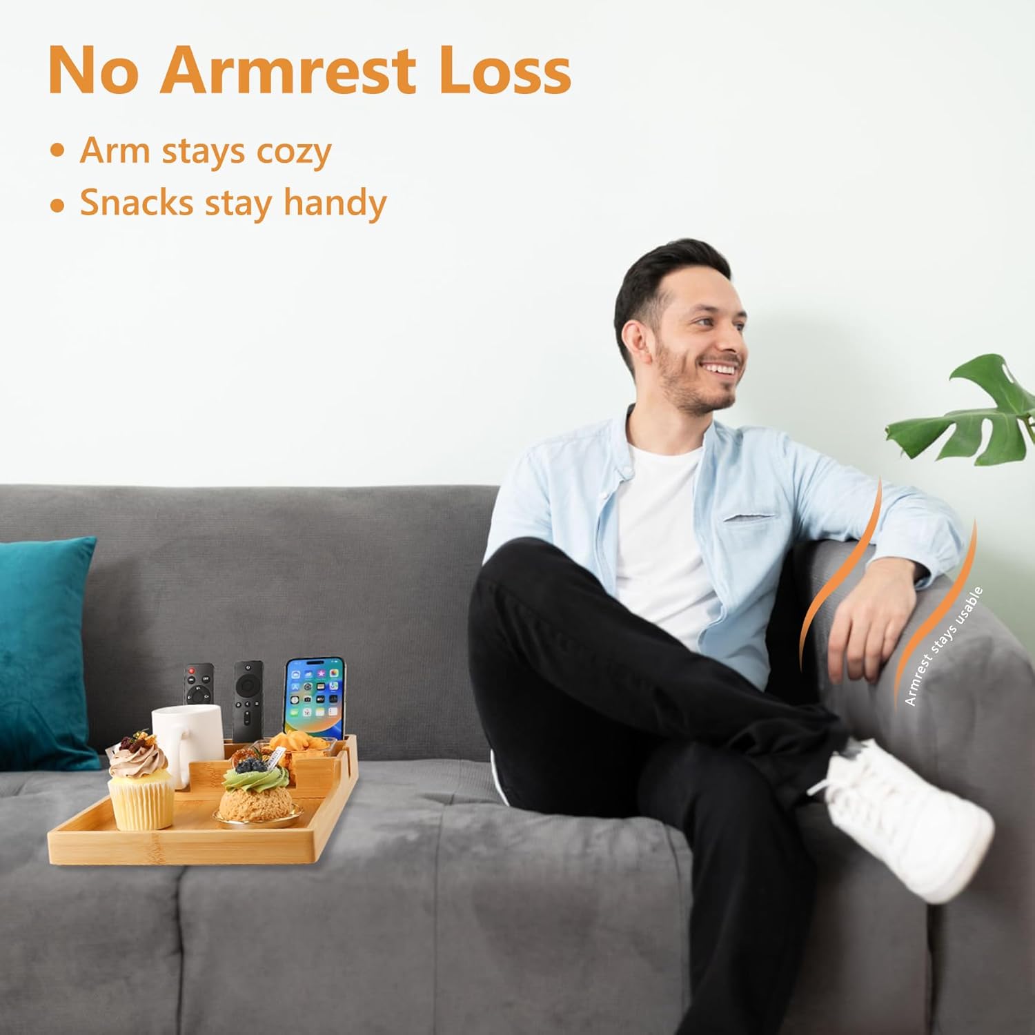 Couch Tray Insert for Middle Seat, Bamboo Couch Table with 2 Cup Holders, Fits Armless Sofa & Sectionals, Fold-Flat Tray for Drinks, Snacks & Remotes, Natural Bamboo