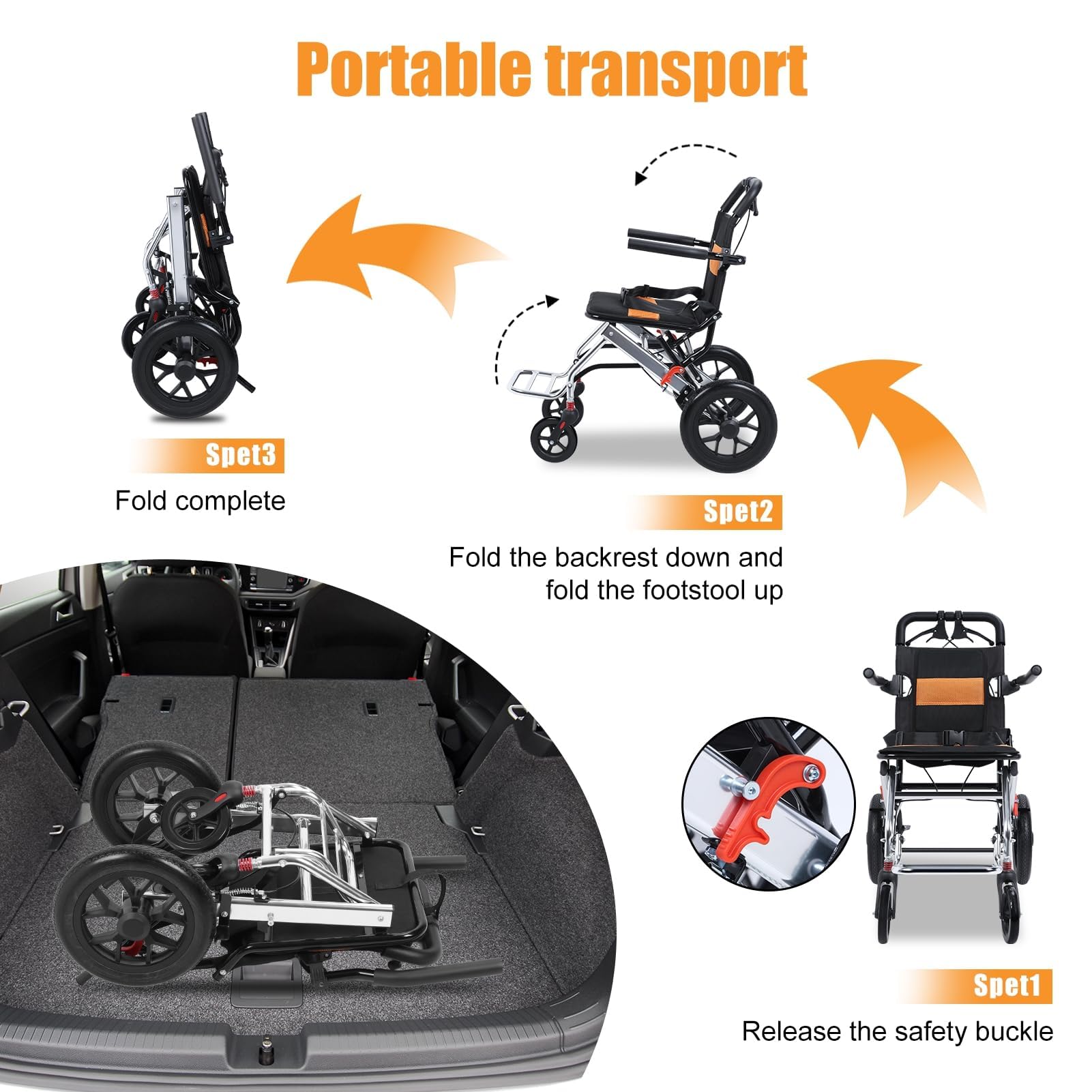 Silla de ruedas plegable ligera, silla de viaje portátil con bomba de absorción de golpes y correa de seguridad ajustable, soporta 80 kg